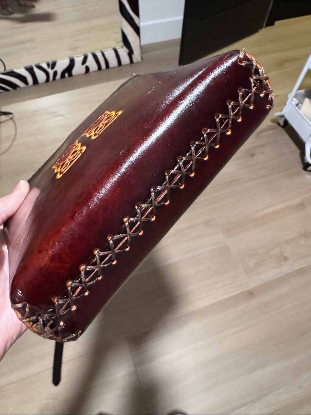 Dark Brown Leather Crossbody Bag with Embossed Tiki Design from Hawaii - Picture 5 of 9